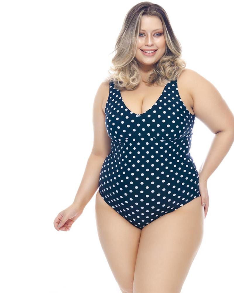 Front of a model wearing a size 28 Classic Polka Dots Swimsuit in Blue by Lehona. | dia_product_style_image_id:267463
